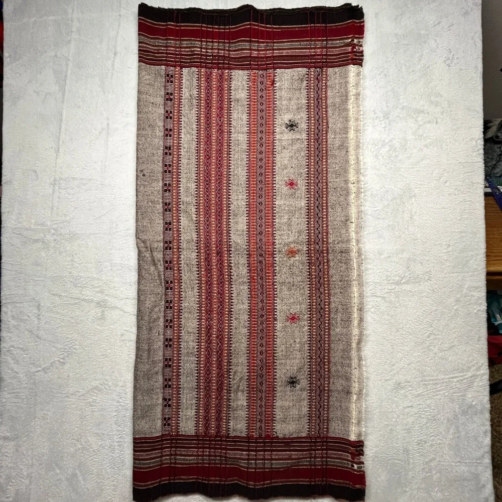 Afghan Patoo Blanket Shawl Grey Burgundy Woven Wool Blend Geometric Wrap